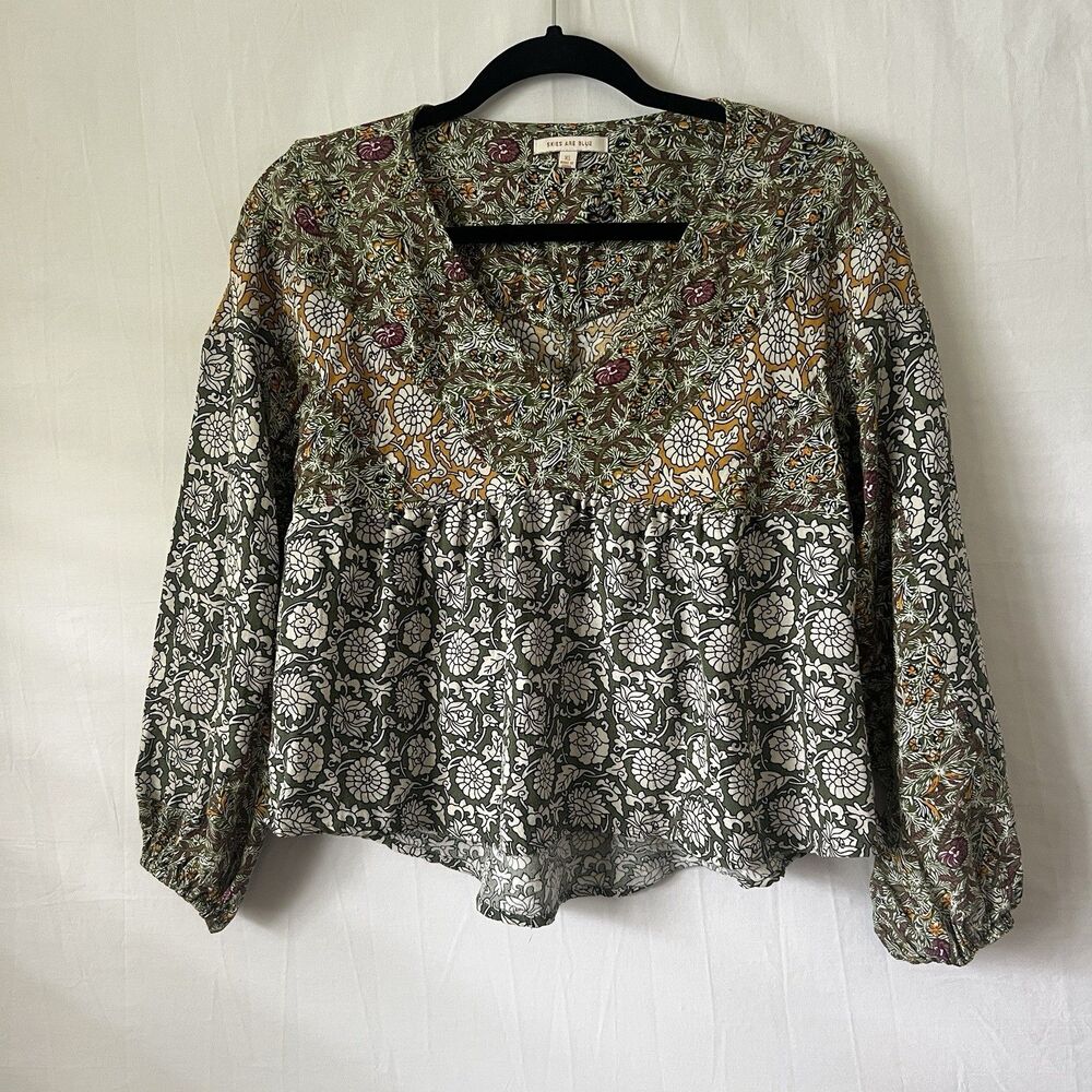 Skie’s Are Blue Boho Peasant Blouse Women’s Size XS Fairy Patchwork Long Sleeve